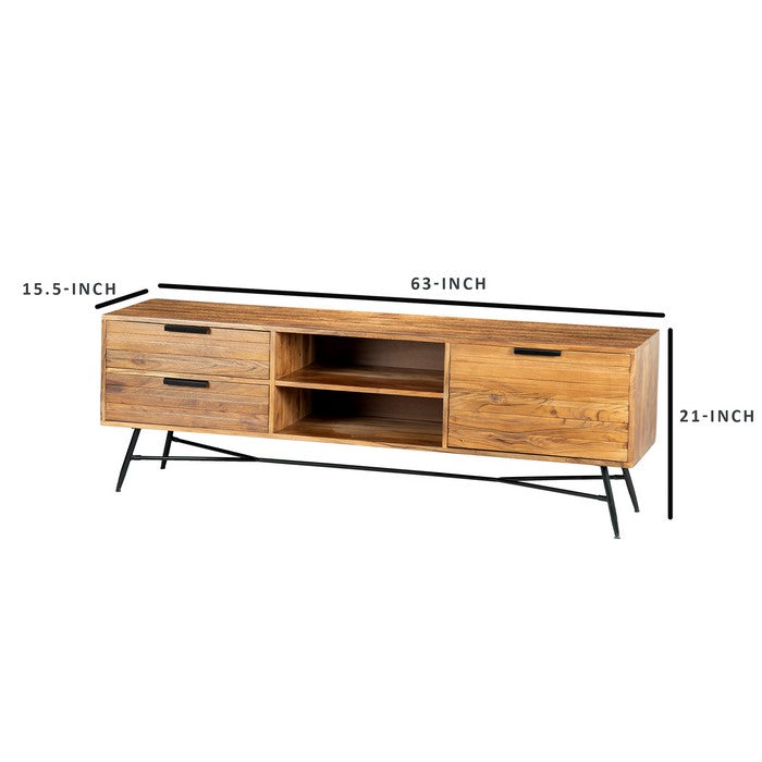 Roomy Wooden Media Console with Slanted Metal Base, Brown and Black