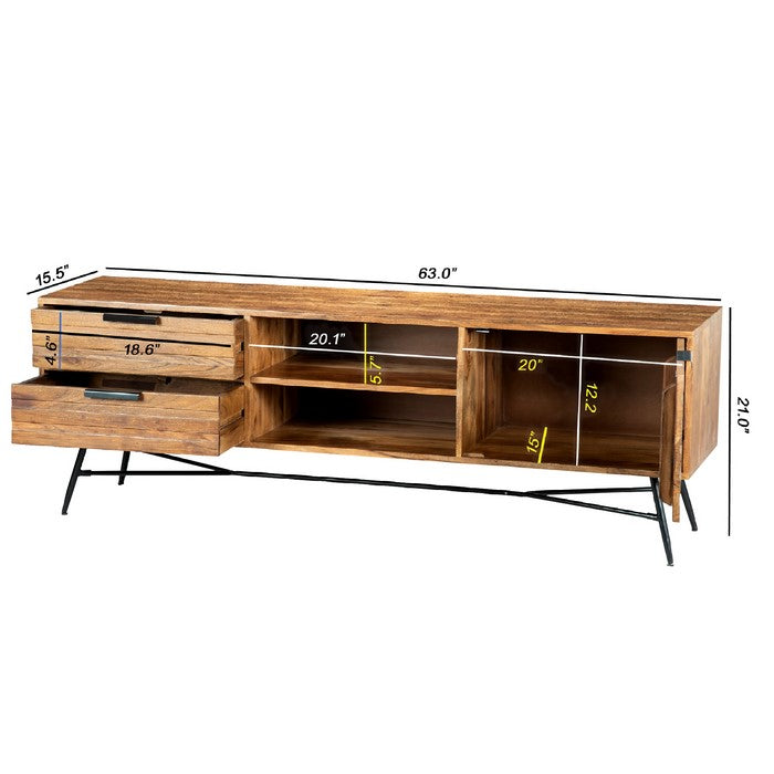 Roomy Wooden Media Console with Slanted Metal Base, Brown and Black