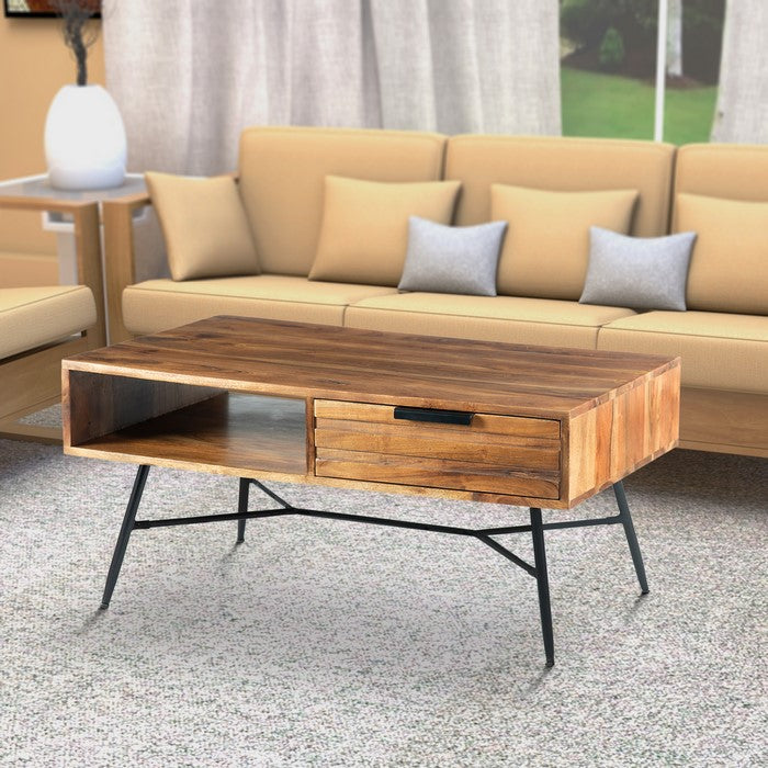Wood and Metal Coffee Table with Spacious Storage, Brown and Black
