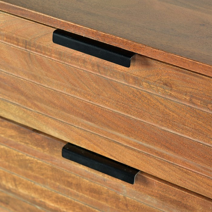 3 Drawer Wooden Chest with Slanted Metal Base, Brown and Black