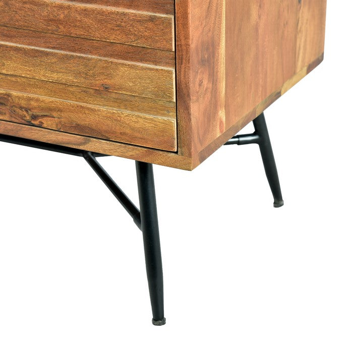 3 Drawer Wooden Chest with Slanted Metal Base, Brown and Black