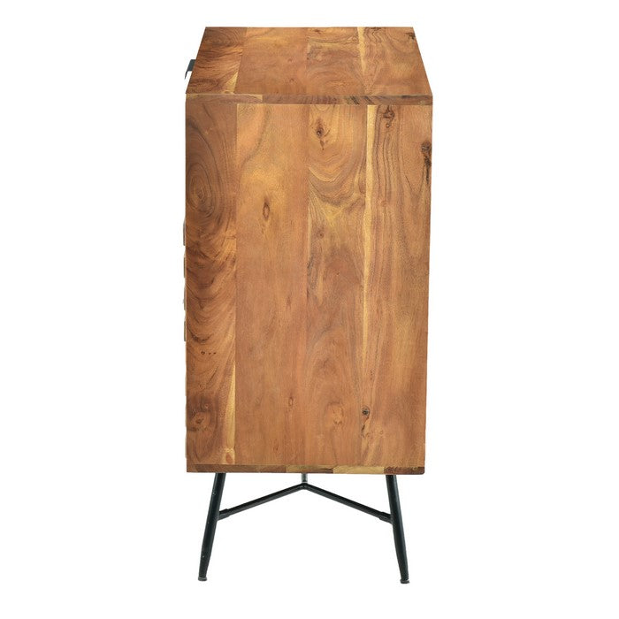 3 Drawer Wooden Chest with Slanted Metal Base, Brown and Black