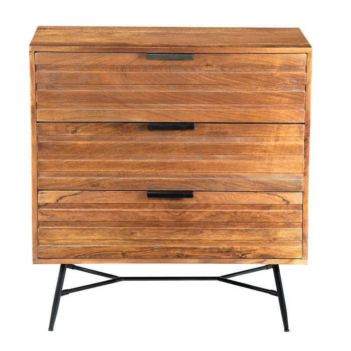 3 Drawer Wooden Chest with Slanted Metal Base, Brown and Black