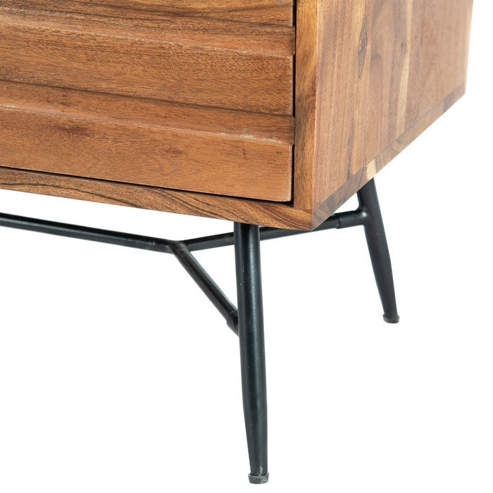 3 Drawer Wooden Chest with Slanted Metal Base, Brown and Black