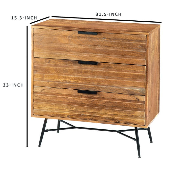 3 Drawer Wooden Chest with Slanted Metal Base, Brown and Black