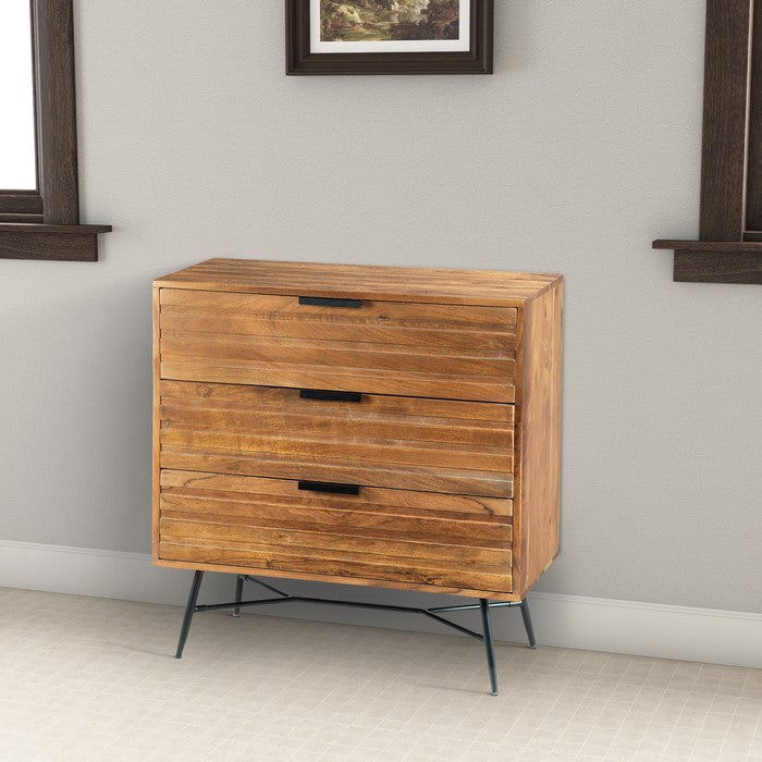 3 Drawer Wooden Chest with Slanted Metal Base, Brown and Black