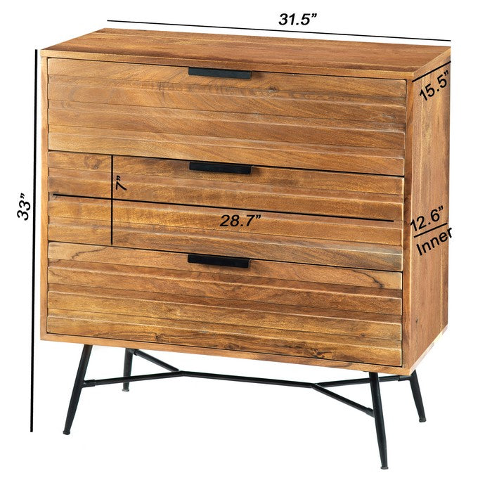3 Drawer Wooden Chest with Slanted Metal Base, Brown and Black