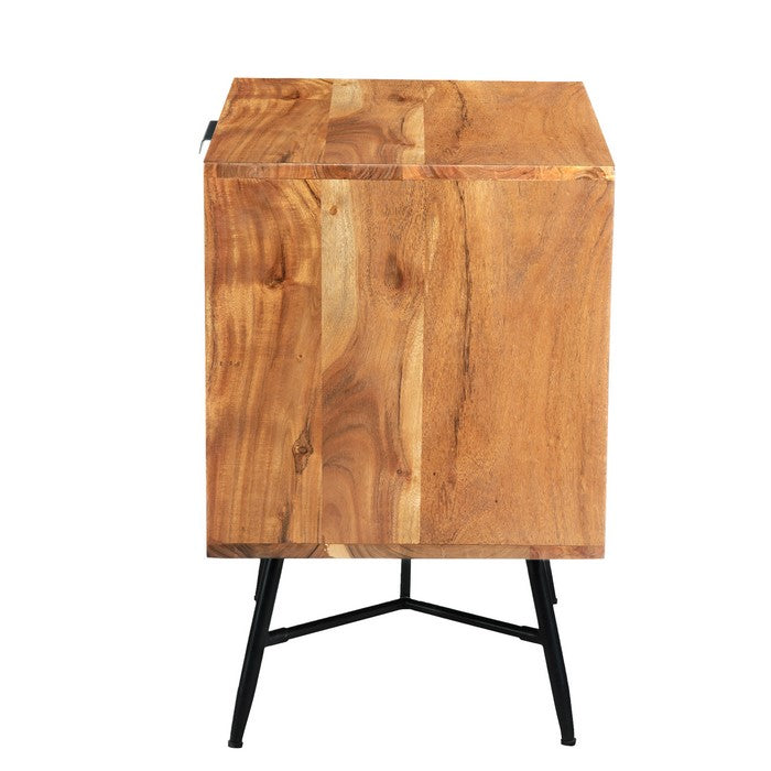 2 Drawer Wooden Nightstand with Metal Angled Legs, Black and Brown