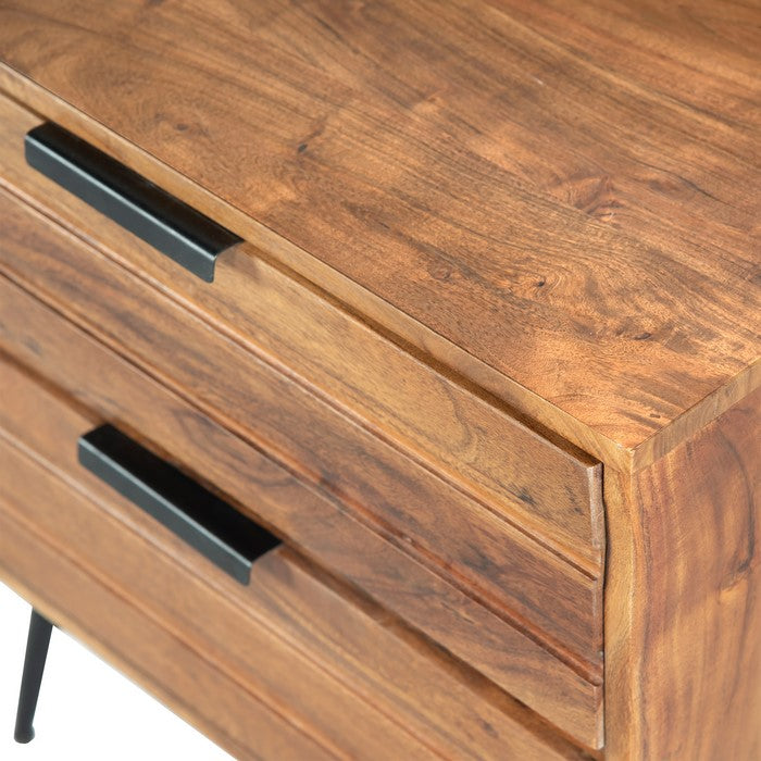2 Drawer Wooden Nightstand with Metal Angled Legs, Black and Brown