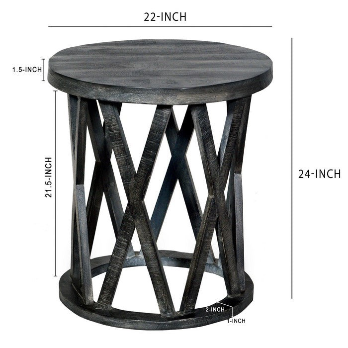 22 Inch Farmhouse Style Round Wooden End Table with Airy Design Base, Dark Gray