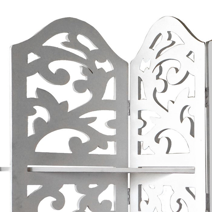 Hand Carved Four Panel Wooden Room Divider with Shelving Unit, White