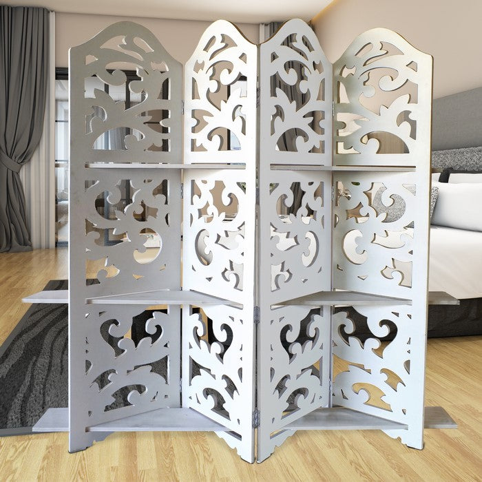 Hand Carved Four Panel Wooden Room Divider with Shelving Unit, White