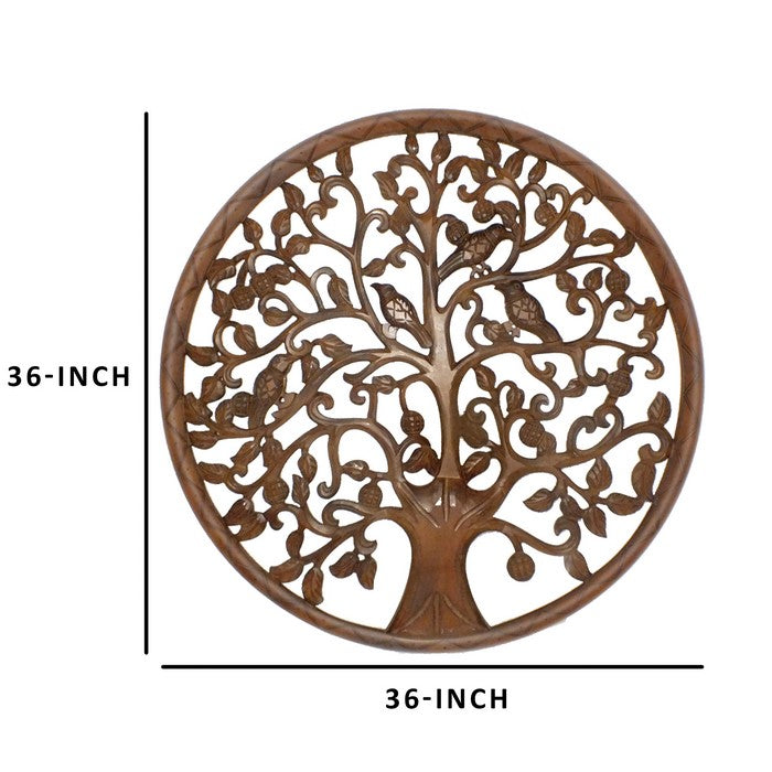 Circular Mango Wood Wall Panel with Cutout Tree and Bird Carvings, Antique Brown
