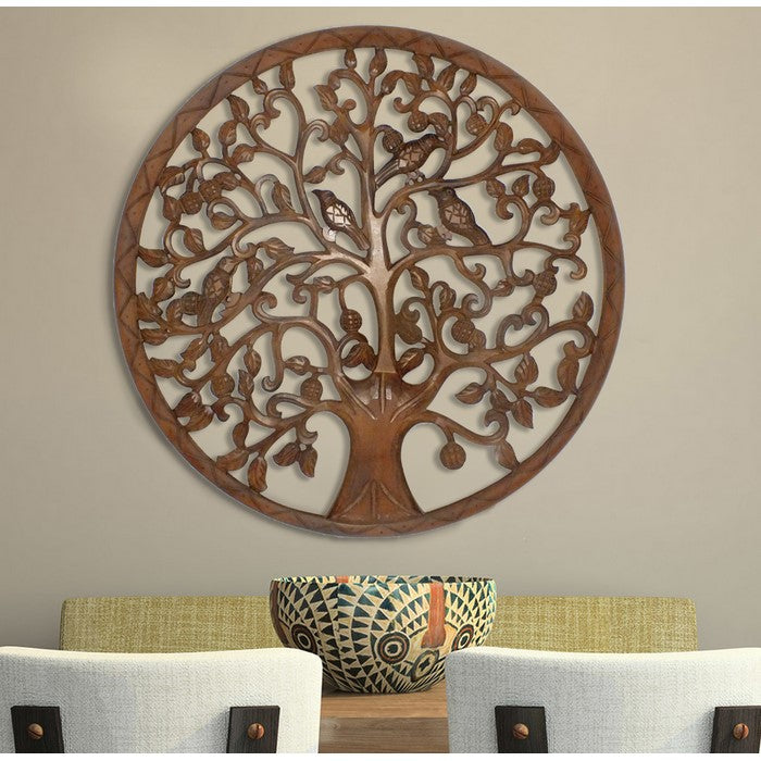 Circular Mango Wood Wall Panel with Cutout Tree and Bird Carvings, Antique Brown