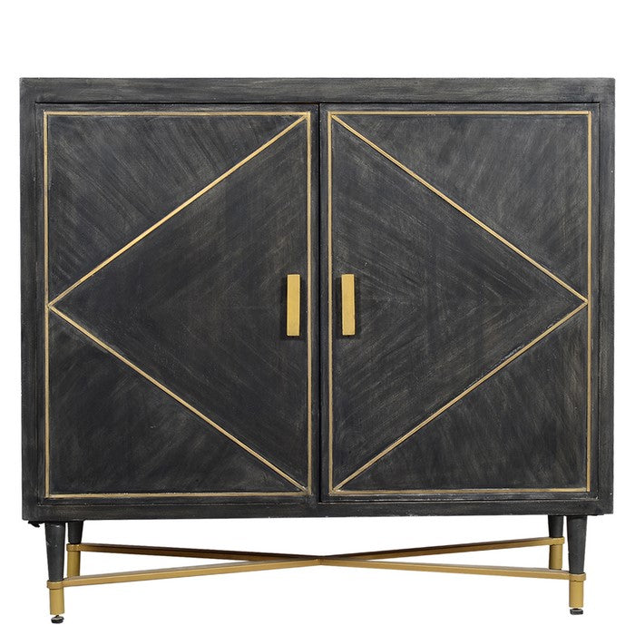 Rustic Style Mango Wood Cabinet with Dual Door Storage, Gray and Gold
