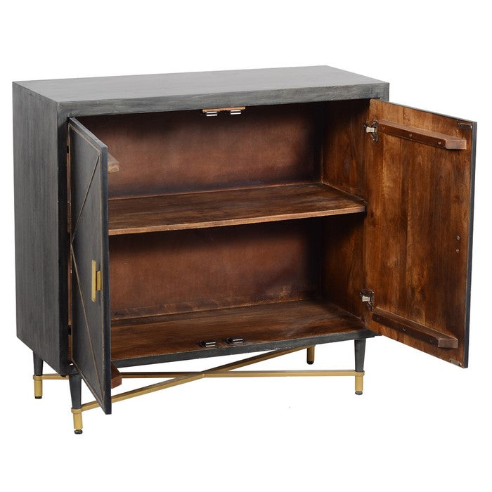 Rustic Style Mango Wood Cabinet with Dual Door Storage, Gray and Gold