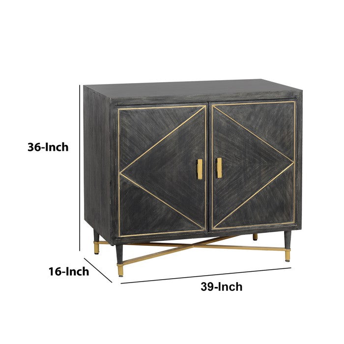 Rustic Style Mango Wood Cabinet with Dual Door Storage, Gray and Gold