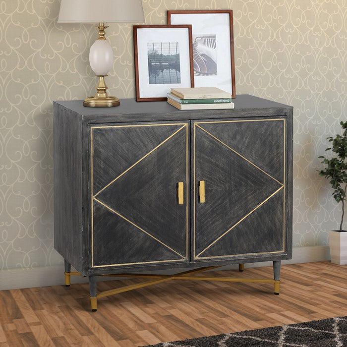 Rustic Style Mango Wood Cabinet with Dual Door Storage, Gray and Gold
