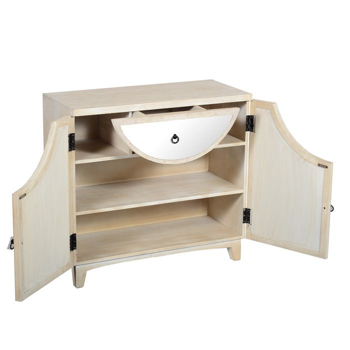 Mango Wood Cabinet with Mirrored look Steel Insert Door Storage, Beige