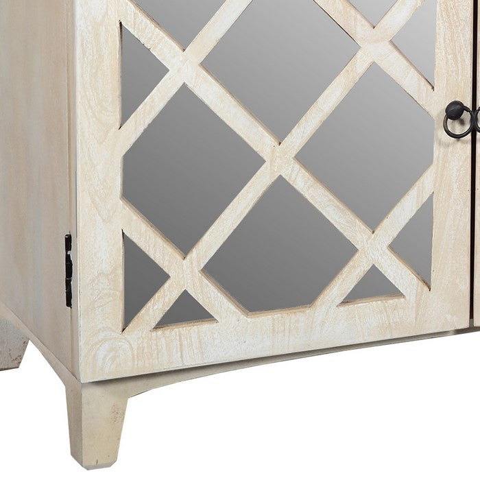 Mango Wood Cabinet with Mirrored look Steel Insert Door Storage, Beige