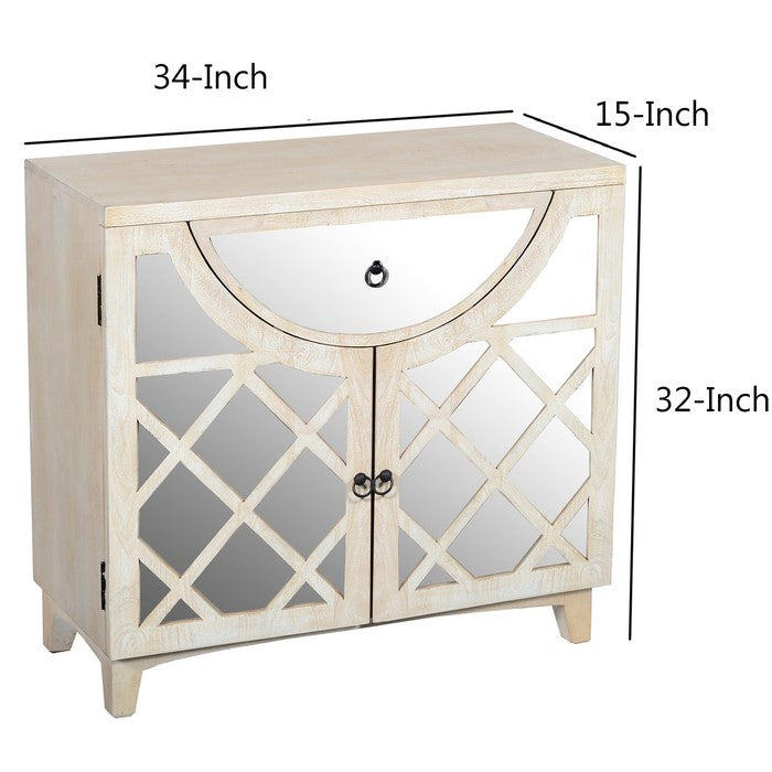 Mango Wood Cabinet with Mirrored look Steel Insert Door Storage, Beige