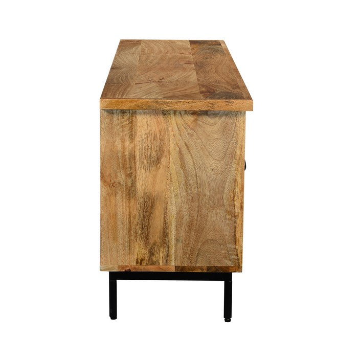 55 Inch Mango Wood TV Stand with 2 Open Compartments, Brown and Black