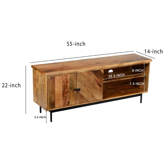 55 Inch Mango Wood TV Stand with 2 Open Compartments, Brown and Black