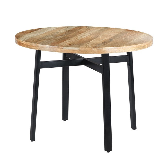 39 Inch Round Mango Wood Dining Table with Angled Iron Leg Support, Brown and Black
