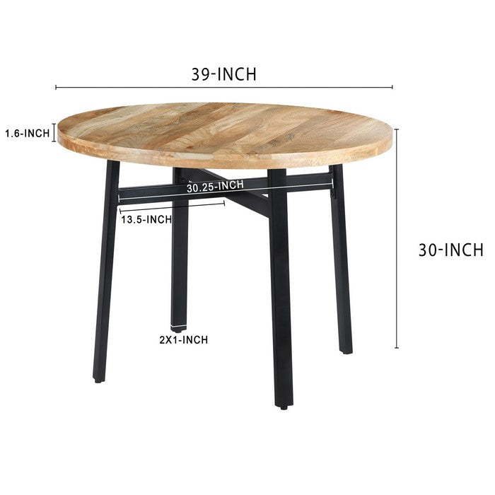 39 Inch Round Mango Wood Dining Table with Angled Iron Leg Support, Brown and Black