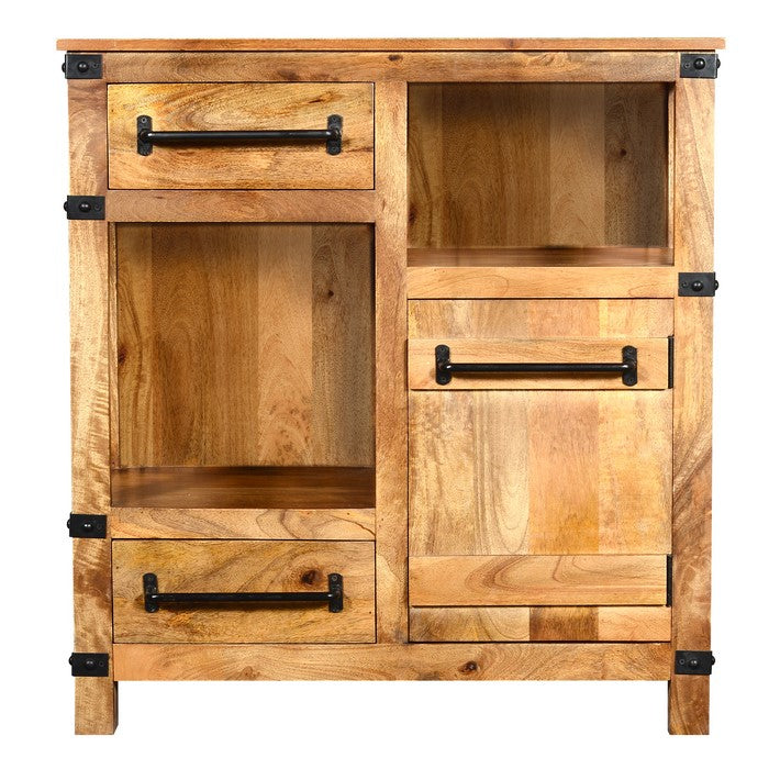 Wooden Cabinet with 2 Spacious Drawers and 2 Open Shelves, Brown and Black