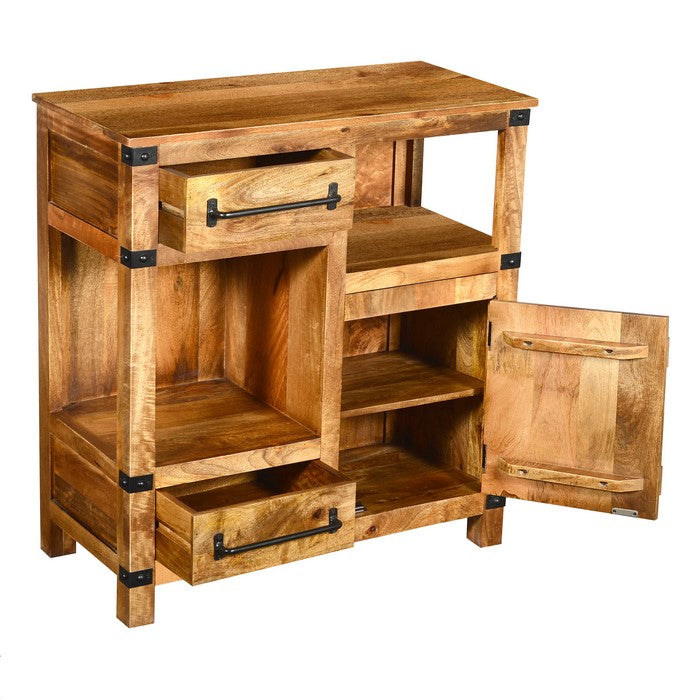 Wooden Cabinet with 2 Spacious Drawers and 2 Open Shelves, Brown and Black