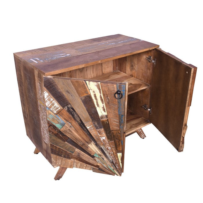 Rustic Style Wooden Sideboard with Sunburst Design Door Storage, Distressed Brown