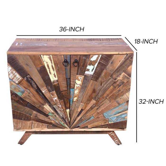 Rustic Style Wooden Sideboard with Sunburst Design Door Storage, Distressed Brown