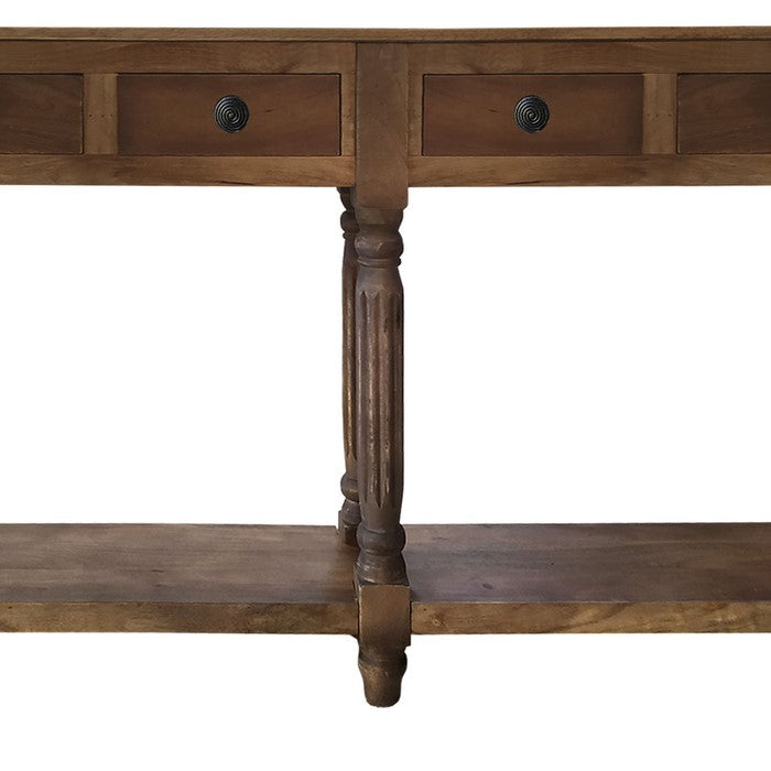 Traditional Wooden Console Table with 4 Drawers and Turned Legs, Brown