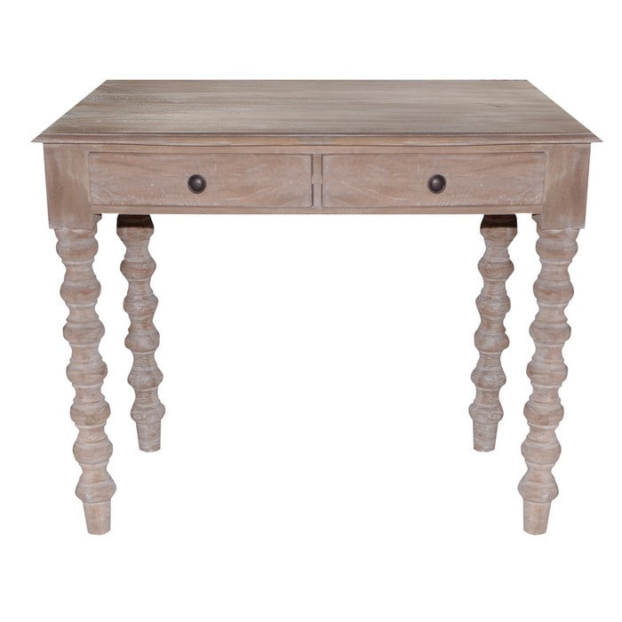 2 Drawer Classic Wooden Desk with Turned Leg Support, Distressed Brown