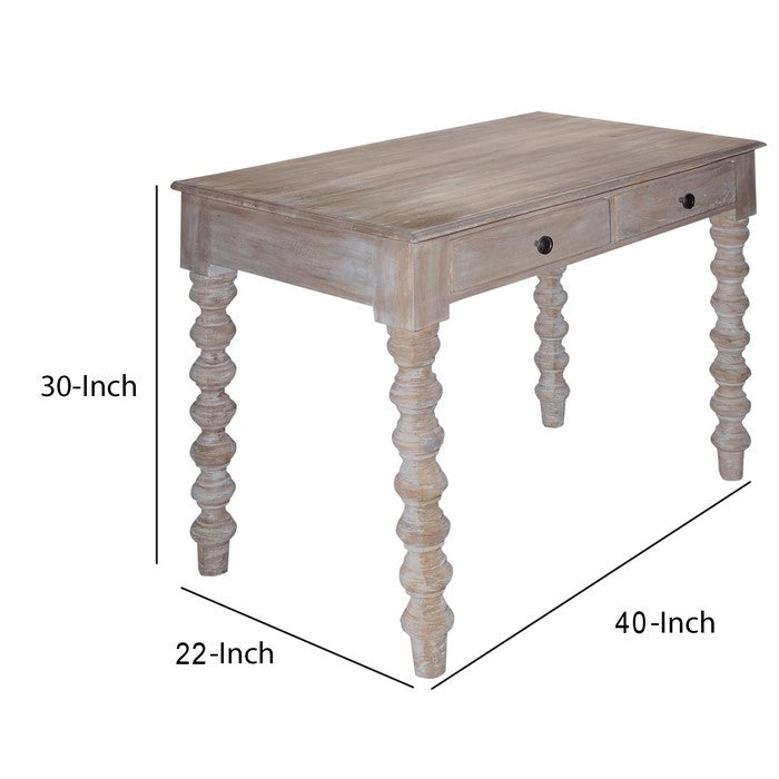 2 Drawer Classic Wooden Desk with Turned Leg Support, Distressed Brown