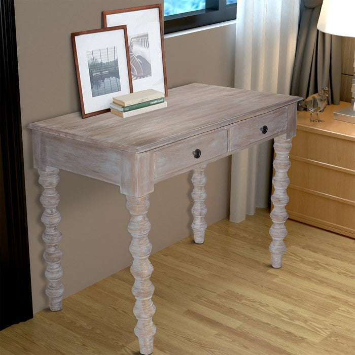 2 Drawer Classic Wooden Desk with Turned Leg Support, Distressed Brown