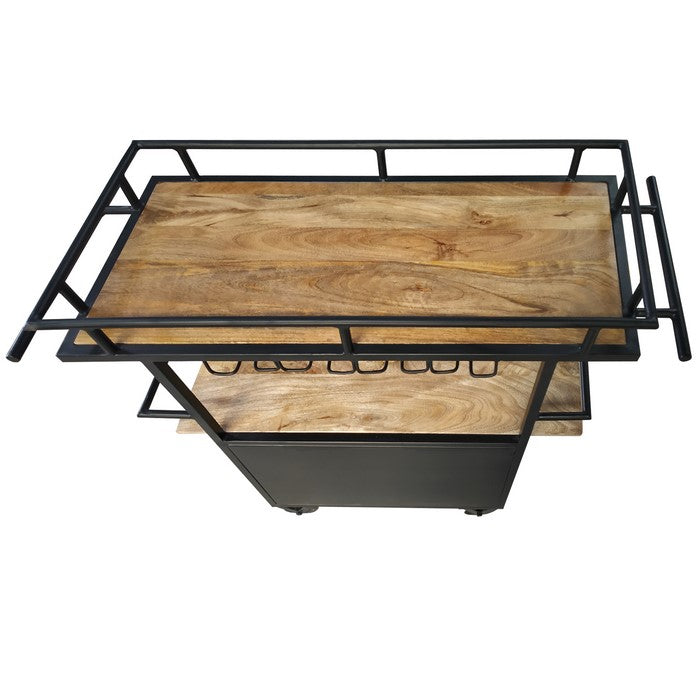 Wood and Metal Bar Cart with Double Door Storage and Casters, Brown and Black