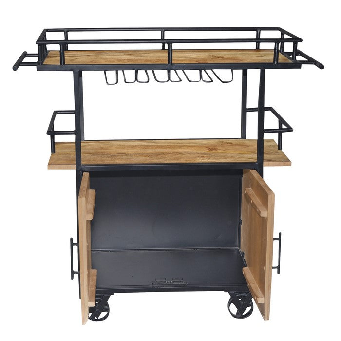 Wood and Metal Bar Cart with Double Door Storage and Casters, Brown and Black