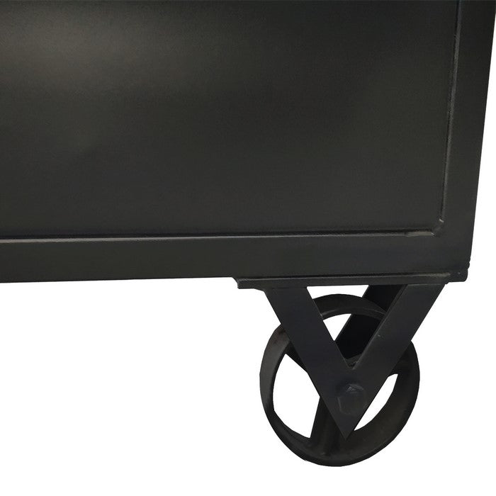 Wood and Metal Bar Cart with Double Door Storage and Casters, Brown and Black