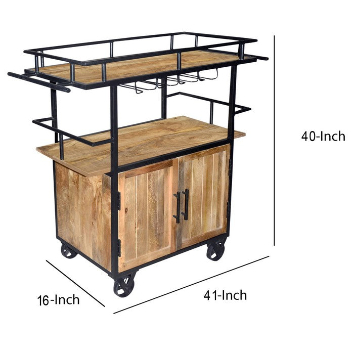 Wood and Metal Bar Cart with Double Door Storage and Casters, Brown and Black