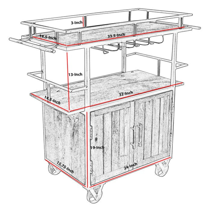 Wood and Metal Bar Cart with Double Door Storage and Casters, Brown and Black