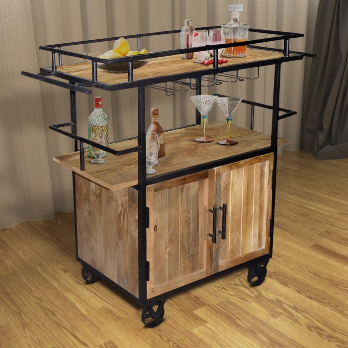 Wood and Metal Bar Cart with Double Door Storage and Casters, Brown and Black