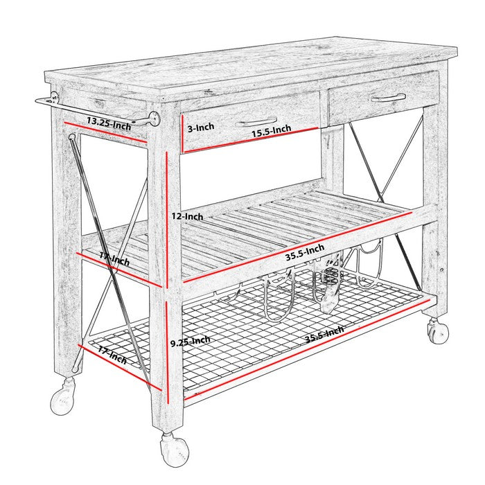 2 Drawer Wooden Bar Cart with 2 Shelves and Casters Support, Brown and Black