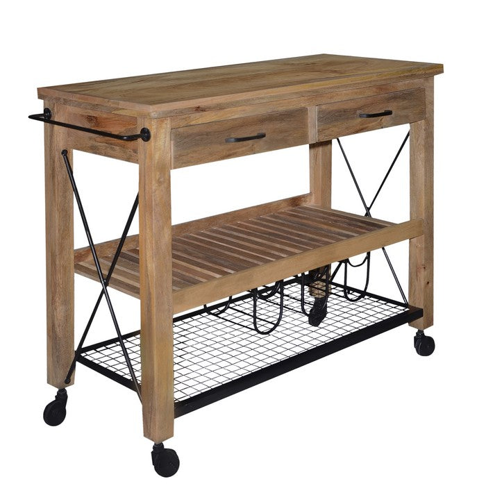 2 Drawer Wooden Bar Cart with 2 Shelves and Casters Support, Brown and Black