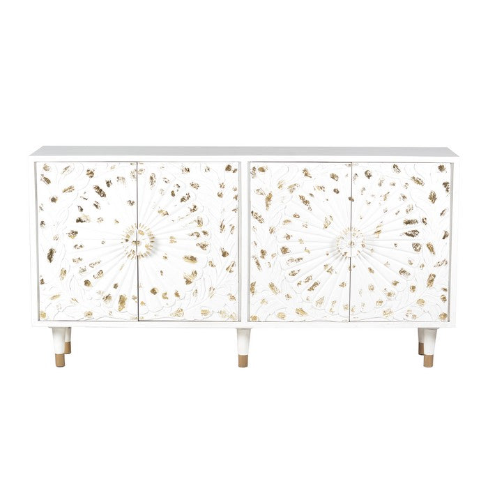 4 Door Wooden Sideboard with Engraved Sunburst Design Front, White and Gold