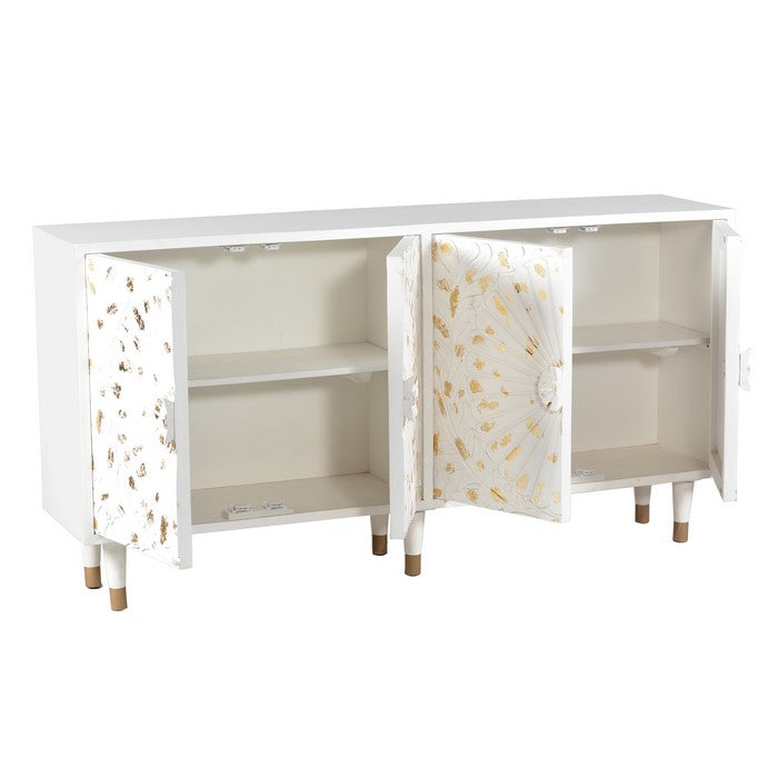 4 Door Wooden Sideboard with Engraved Sunburst Design Front, White and Gold