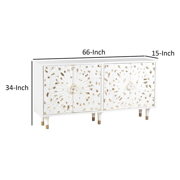 4 Door Wooden Sideboard with Engraved Sunburst Design Front, White and Gold