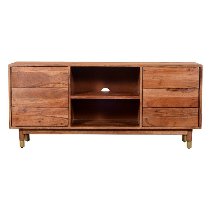 Handcrafted Wooden TV Console with Live Edge Shutter Door Cabinets, Brown