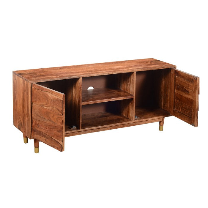 Handcrafted Wooden TV Console with Live Edge Shutter Door Cabinets, Brown